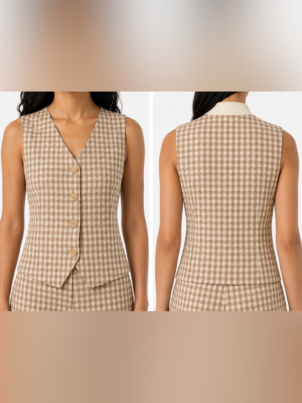 MAX STUDIO Taupe Gingham Sleeveless Button-Front Vest